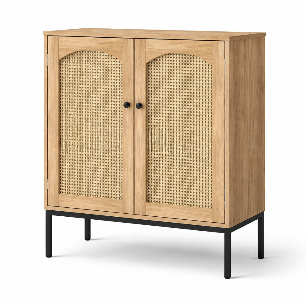 Aparador estilo natural con puertas de rejilla y base metalica-cozanoe